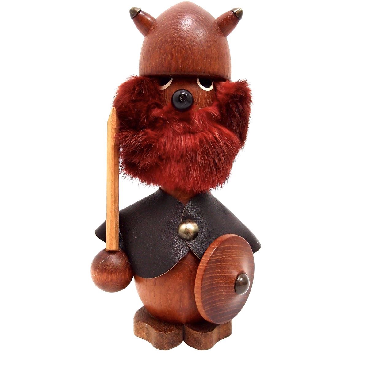 Wikinger Teak Holz Figur braun 23 cm groß mit Echtfell und Leder True Vintage