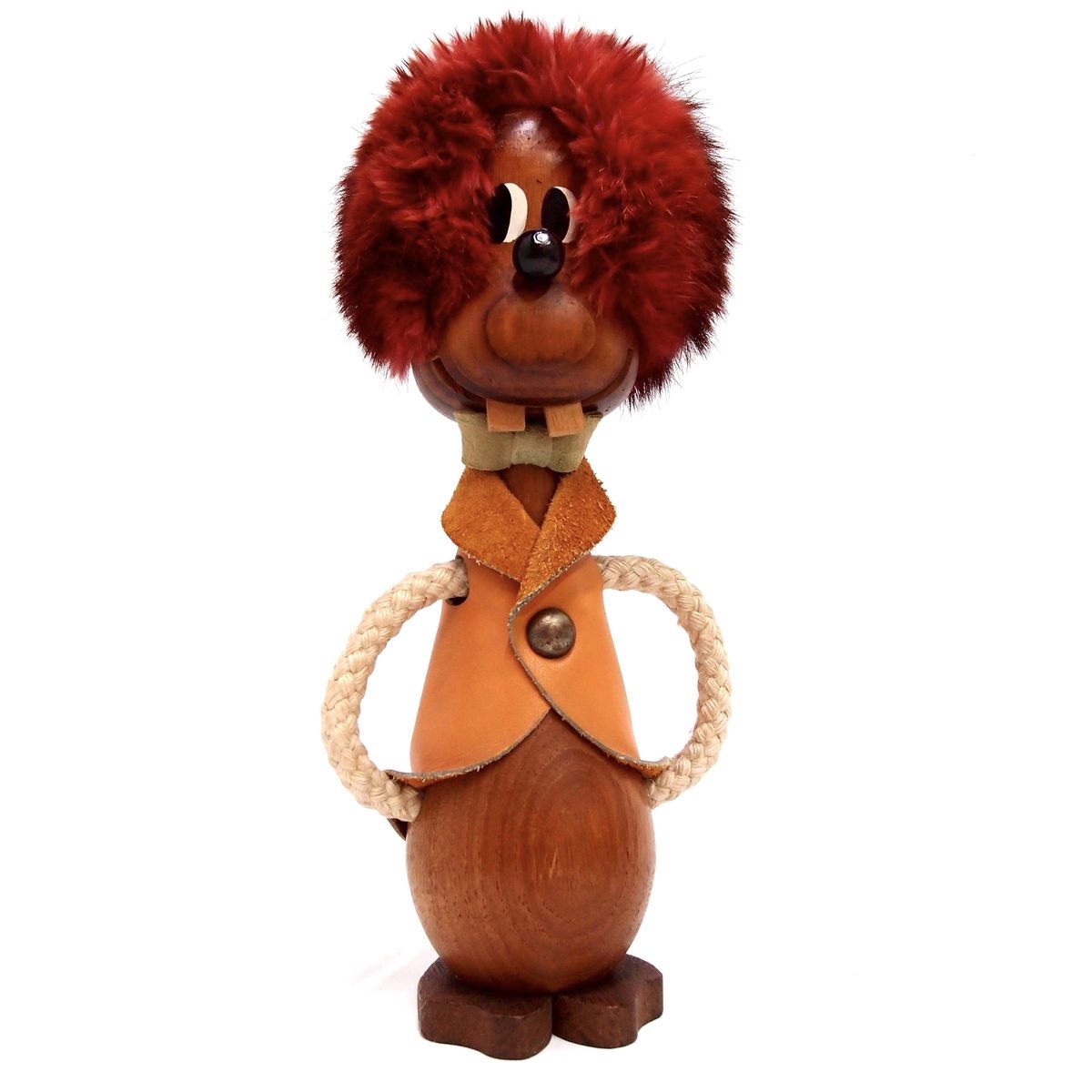 Troll Teak Holz Figur braun 29 cm groß mit Echtfell und Leder True Vintage