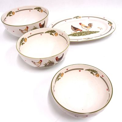 Schüssel 3er Set und 1 Platte Pfalzkeramik Glückliche Hühner R. Lumm alte Serie